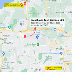 Map Image of WCTC Main Campus and South Campus vis-a-vis location of Great Lakes Tech Services, LLC for posts about WCTC Internship and Carrol University Internship 